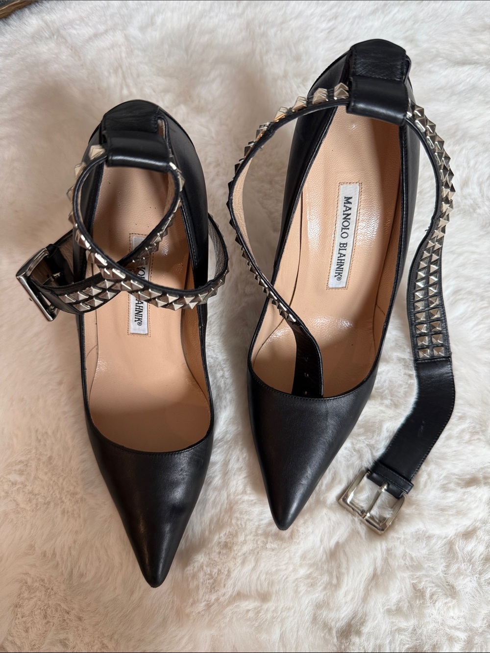 Manolo Blahnik Black Pointed Leather Pumps with Silver Studded Ankle Straps